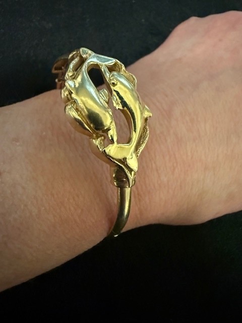 14K Solid Yellow Gold Double Dolphin Bangle Brace… - image 9