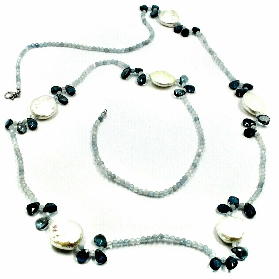 Collier Long En Or Blanc 18K, Avec Aigue-Marine, Topaze London Blue Et Perles - Photo 1/4
