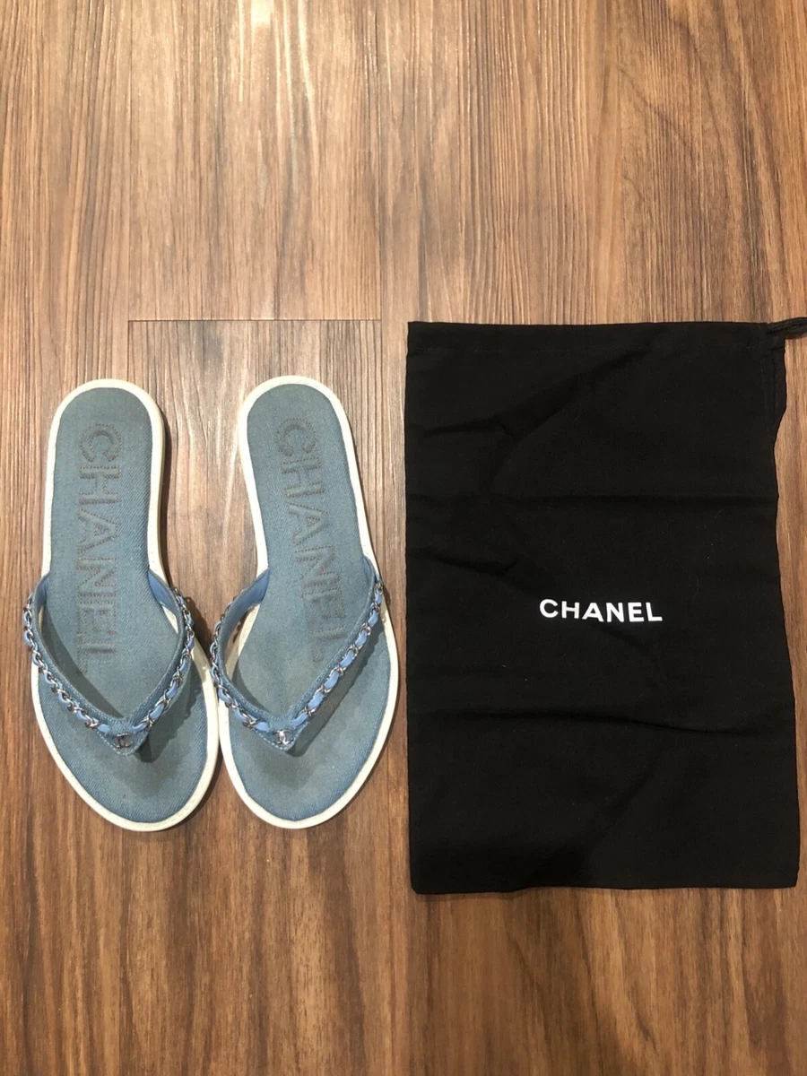 Chanel Denim Coco Mark Thong Sandals Euro Size 38 U.S Size 8 $400