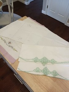 Vintage Old Linens Embroidered Table Dresser Runner Pillowcases, Spring Colors!