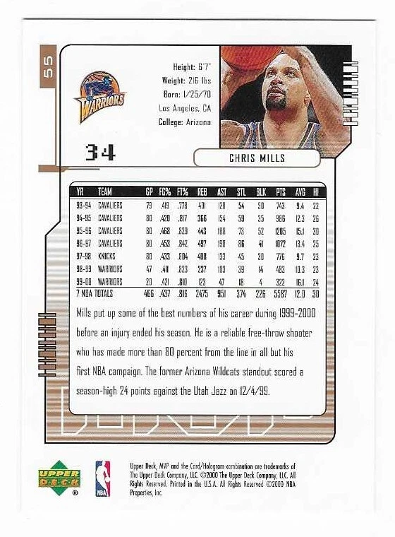 2000-01 Upper Deck MVP Chris Mills Golden State Warriors Basketball Card #55 - Image 2 of 2