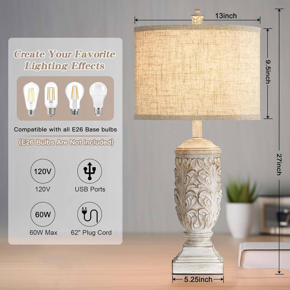 Set of 2 Farmhouse Table Lamps, 27.5'' Tall Rustic Bedside Lamps with