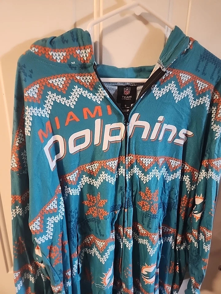 NFL Miami Dolphins Sz M Logo Uniform Holiday Fleece Pajamas PJ Zip Up One Piece - Image 2 of 4