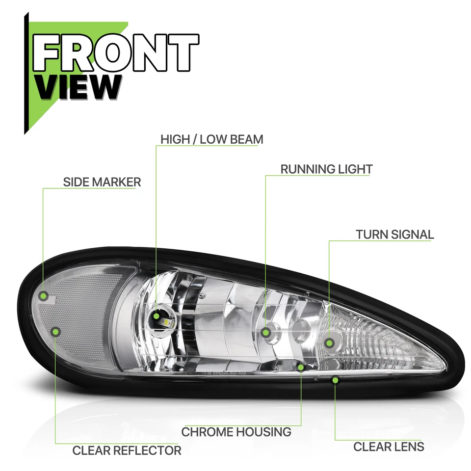 LH+RH Pair Chrome Clear Headlight+6000K LED Bulb for 1999-2005 Pontiac Grand Am - Image 3 of 4
