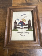  Vintage Cross Stitch Framed Let’s Go Fishing Pepaw 9.5”x 7.5” Boy Climbing 