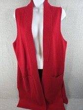 CHICOS Womens 2 Size L Duster Sweater Vest Red Knit Sleeveless Pockets Preppy