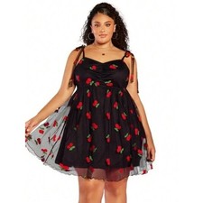 Cherry Black Curve Dress with Red & Green Embroidery Size 22