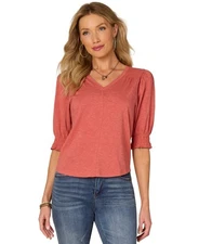 Democracy Petite Smocking-Trim Blouson-Sleeve Top - Heather Cashmere Rose - PS