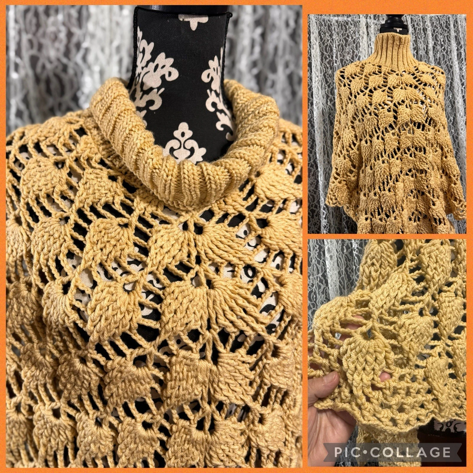 Vintage 70s Chunky Knit Crochet Poncho Oatmeal Beige Leaf Turtleneck Boho