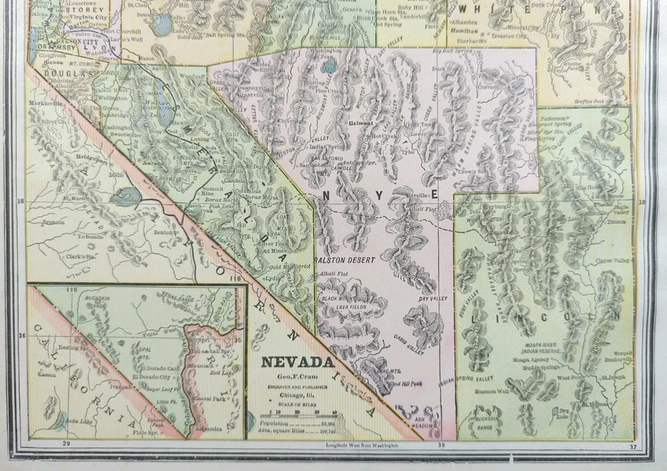 Mapa NEVADA 1887 11"x13" Antiguo Original CARSON CITY VIRGINIA CITY Foto 4 de 4