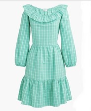 J.Crew Dress Womens 6 Teal Aqua Green Plaid Seersucker Ruffle Mini Cottagecore