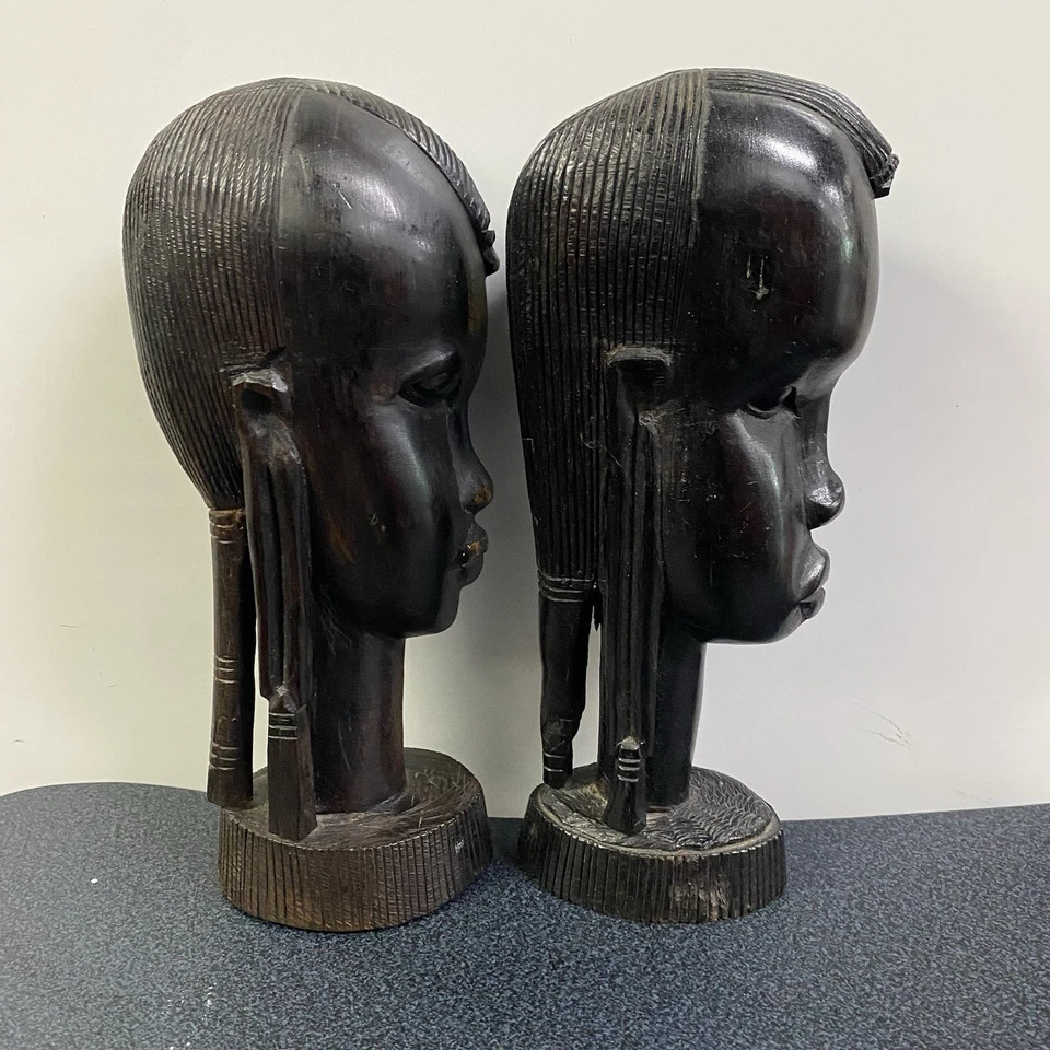 Escultura de madera tallada a mano busto africano vintage cabeza tribal madera ébano africano Foto 4 de 4