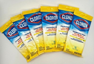 Clorox Disinfecting Wipes Crisp Lemon 15ct Travel To-Go Packs (Pack of 6)