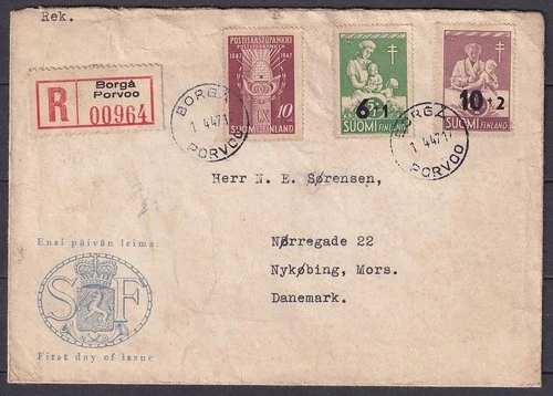 w2524/ Finland TB Registered FDC Cover t/Nyköbing Mors Denmark 1947