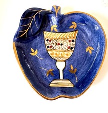 VTG Laurie Gates 1998 Blue Apple Gilded Dish Kiddush Cup Los Angeles Pottery