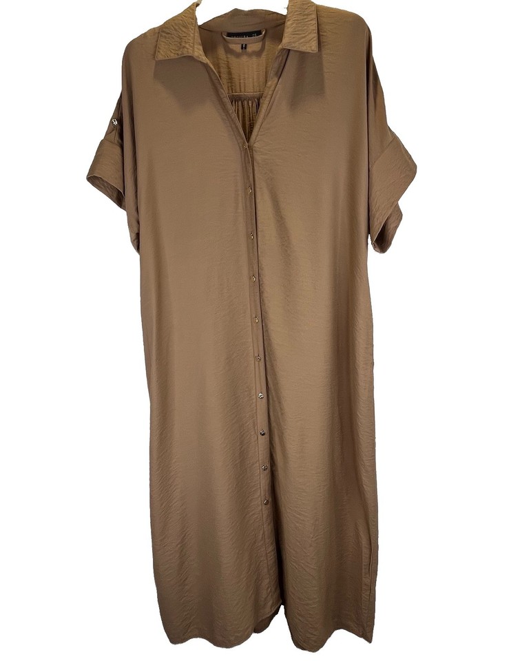 Decjuba Maxi Shirt Dress AU 16 Camel Brown Button Front Short Sleeve Pockets