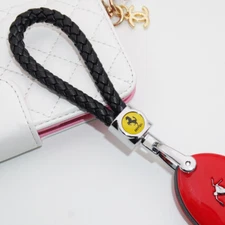 For Ferrari Emblem Key Chain Ring BV Calf Leather Style Gift Decoration - Black