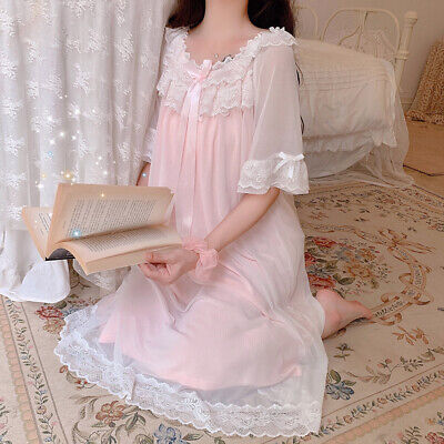 Lady Girls Lolita Nightdress Ruffle Lace Retro Sleepwear Nightgown Princess Cute