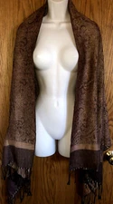 Pashmina Cashmere Paisley Women’s Scarf Brown & Gold With Fringe 68” x 27” 