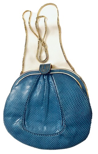 VINTAGE JUDITH LEIBER CLUTCH EVENING SHOULDER BAG BLUE SKIN GOLD CHAIN & FRAME - Picture 7 of 9