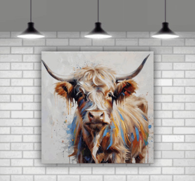 Schottische Highland Kuh moderne lebendige Leinwand Wandkunst gerahmt bereit zum Aufhängen