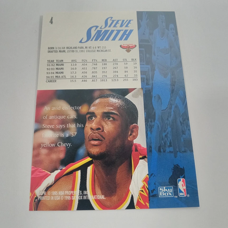 1995 Skybox Basketball #4 Steve Smith Atlanta Hawks - Image 2 of 2