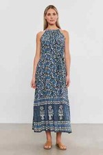 VELVET By Graham & Spencer Ghita Printed Cotton Halter Dress Blue S $299 H7