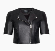 Lamarque 'krisi' Short Sleeve Leather Cropped Moto Jacket Sz L Nwt