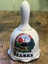 Vintage Souvenir The Ozarks Ceramic Bell Cabin Flower White gold Trim 4" x 2.5"