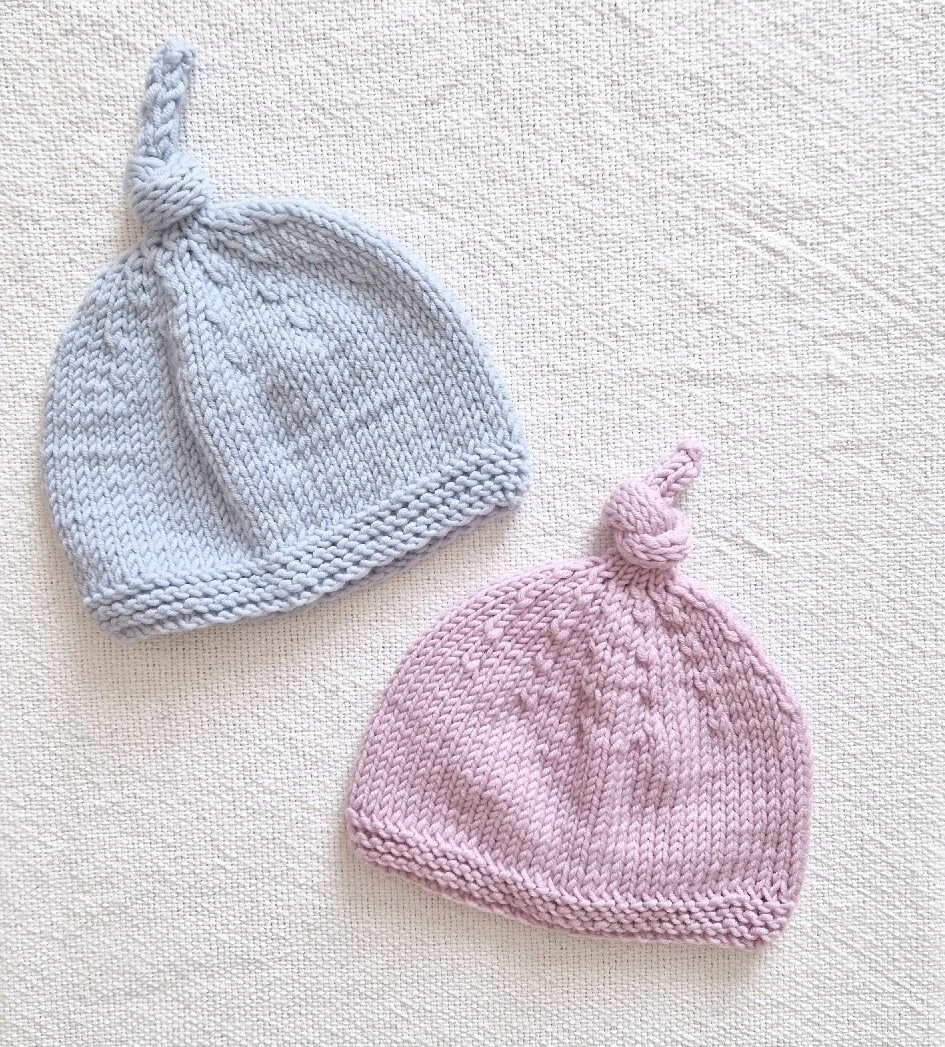 2x Hand Knitted Merino Baby Hat Knot Top Pink & Grey 0-3 Mths