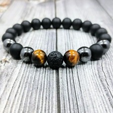 8"L HIP 10mm Black Onyx Lava Hematite Tigers Eye Gemstone Men's Beaded Bracelet