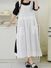 Plain side slit apron,cotton large-size pleated drawstring anti-fouling smock