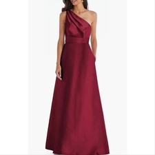 Alfred Sung D815 Draped One Shoulder Satin Dress Gown Burgundy Size 18