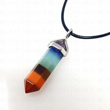 7 Chakra Necklace Point Cut Healing Crystal Pillar Pendant Black Cord Rope UK
