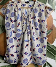 Talbots Petites MP Sleeveless Summer Umbrella Print Semi Sheer Blouse Pleated