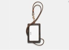 New COACH ID Lanyard Signature Coated Canvas Leather Gold/Brown Shell Red 63274