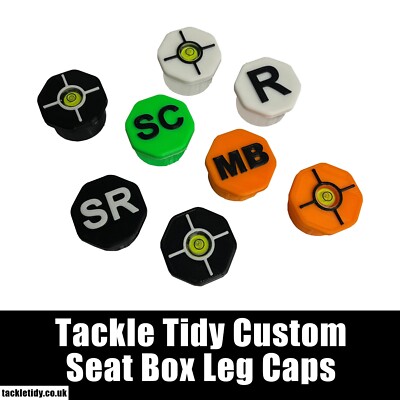 6x Tackle Tidy Custom Sitzkiepe Beinkappen, Initialen, Name, Bullseye Wasserwaage