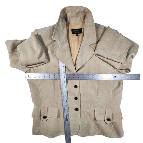 Studio I Petite Faux Suede Women's Blazer Jacket Size 14P Tan Button Up Pockets - Picture 10 of 13