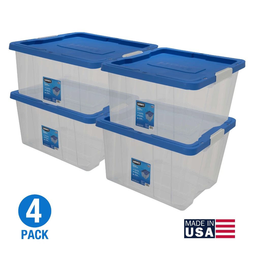 Hart - 17 Gallon Heavy Duty Latching Plastic Storage Box, Black Base/Blue Lid, Set of 4