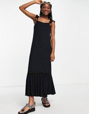 Asos Design Ruffle Strap Stretch Maxi Dress Size 14/XL Black Boho Europe Vacay