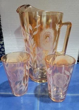 Jeannette Glass Cosmos Pitcher Glasses Iridescent Marigold Luster White Flowers