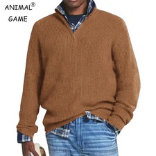 Men's Wool Blend Knit Sweater Casual Long Sleeve Zipper Collar Pullover Swe