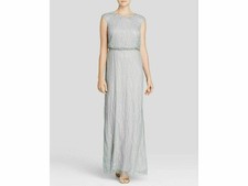 Adrianna Papell Deco Vine Cap Sleeve Embellished Blouson Gown Sz 12 Gray Silver