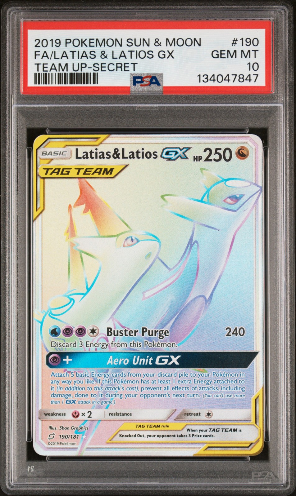 2019 POKEMON SUN & MOON TEAM UP SECRET #190 FULL ART/LATIAS & LATIOS GX PSA 10