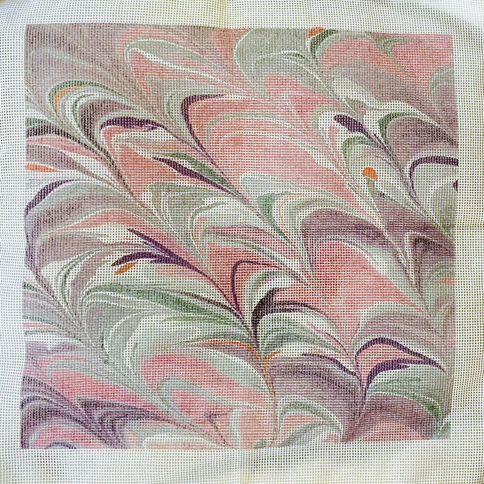 Hand painted Needlepoint canvas Marbleized Paper design Rose, Lavenders, Greys