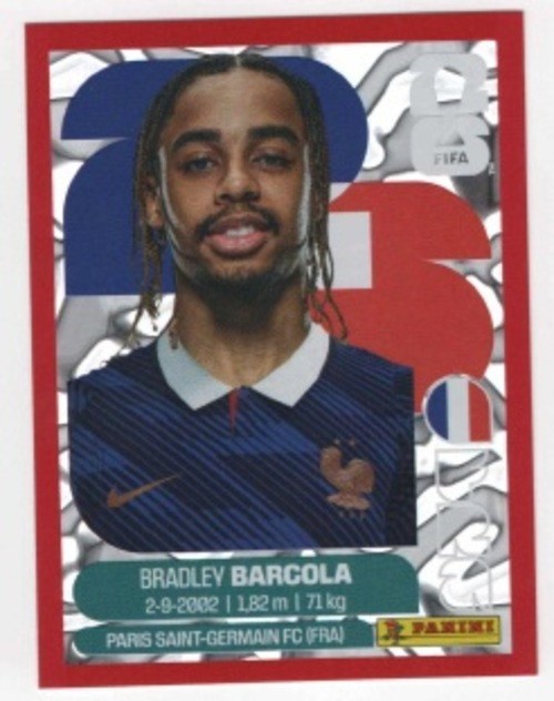 RARE FIFA WORLD CUP 2026 RED PARALLEL/ SILVER CRUMPLE STICKER FRA 16 BARCOLA