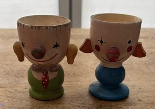 2 x Vtg Sevi Wooden Egg Cup Holders Boy & Girl Italy 50s/60’s Kitsch Decorative