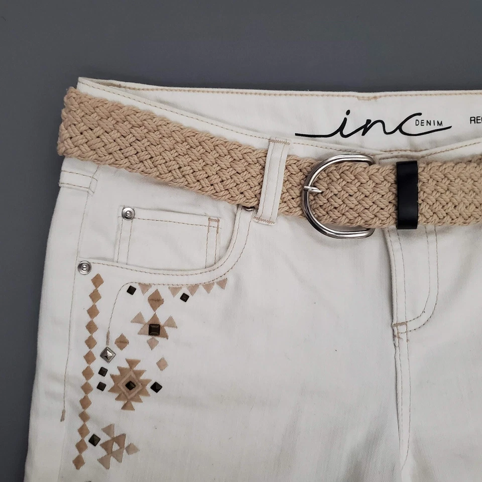 Pantalones Cortos INC Para Mujer Talla 4 Calce Regular Bordados Tiro Bajo Cinturón Elastizados Blancos * Foto 2 de 4