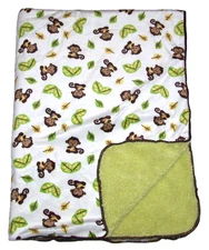 Bedtime Originals Lambs Ivy Monkey Leaves Brown Green Sherpa Baby Blanket 30x40"