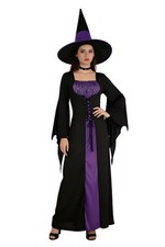 Women Witch Costume Purple Dress with Hat for Halloween Cosplay